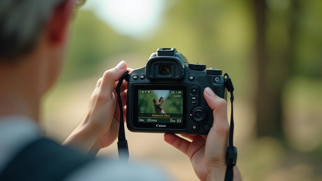 Pantalla de cámara DSLR mostrando ajustes de velocidad de obturación, apertura e ISO para fotografía de aves acuáticas